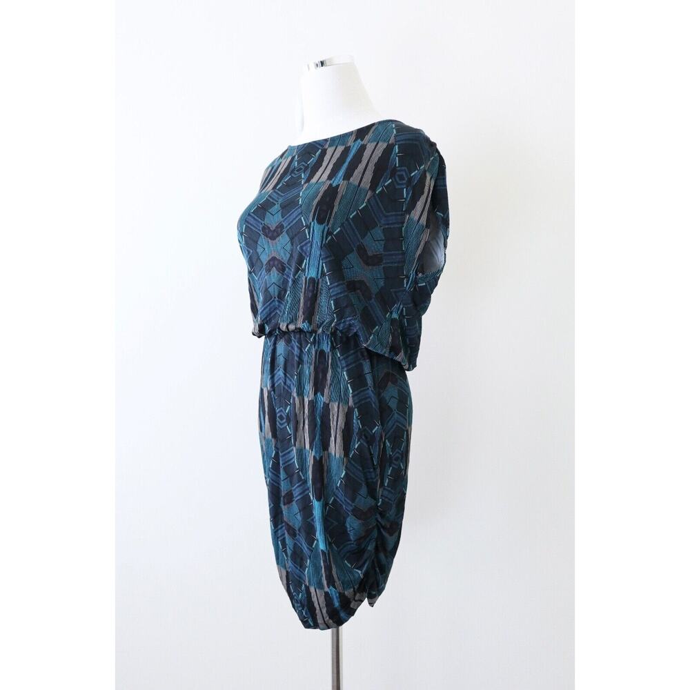 Dolce Vita Size M Geometric Print Dress Leather Cutout Back Ruched Teal Blue - Picture 5 of 13